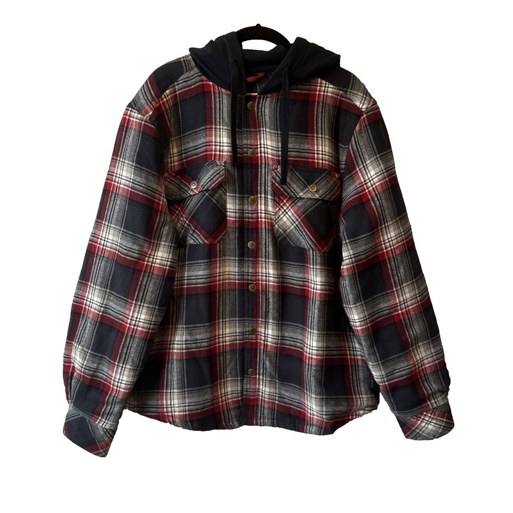 Legendary Outfitters Hooded Flannel Shirt Jacket Blue Red Plaid M Workwear Chore